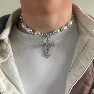 silver and pearl cross choker